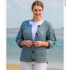 Aran Woollen Mills Blue Mist Marl Merino Wool Cable Knit Cardigan Ireland small